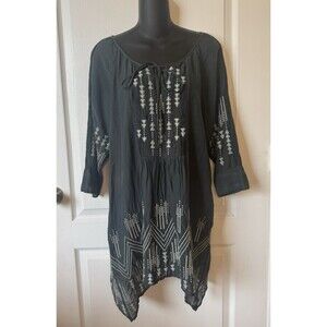 Johnny Was Boho Embroidered Tie Neck Tunic Top Size Medium Silk Blend